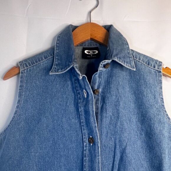 Three Rivers Denim Blue Sleeveless Button Front Cotton Denim Shirt Size Small - Picture 3 of 9